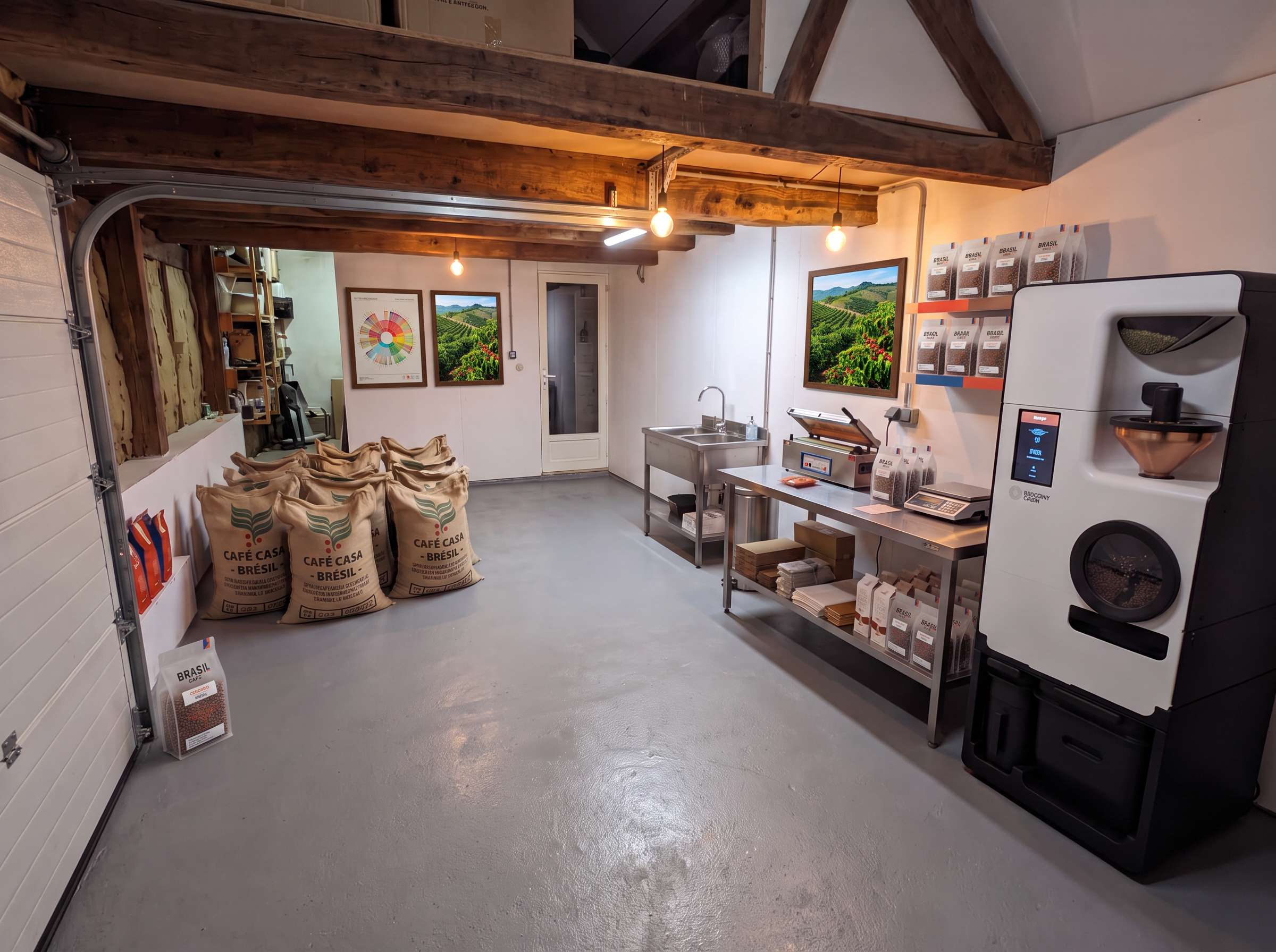 L'atelier de torréfaction Cafés CASA, aménagé dans le garage, aux couleurs de la marque